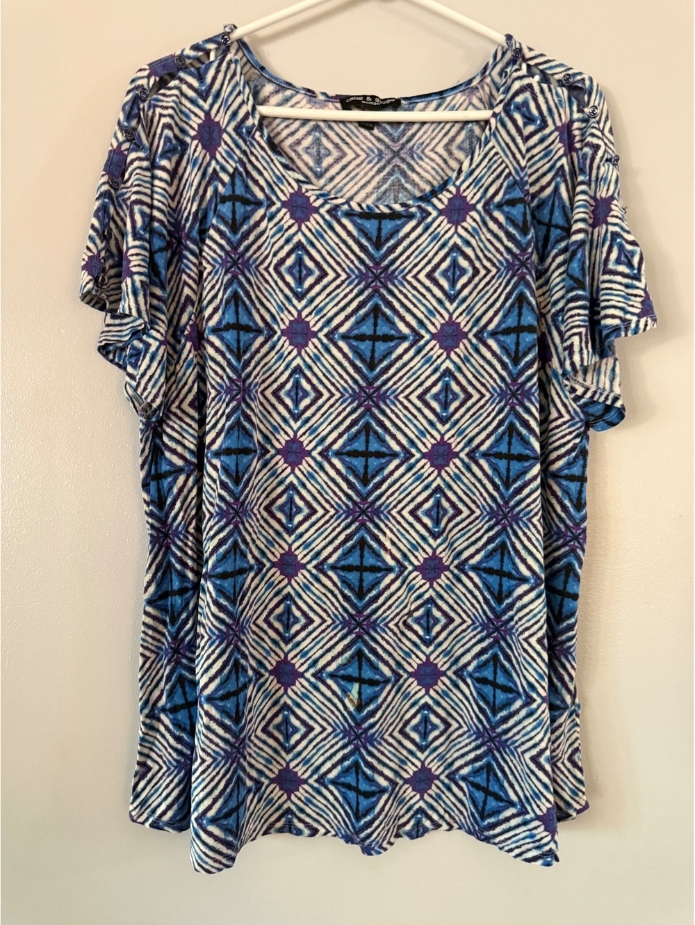 Cable & Gauge Woman Geometric Pattern Short Sleeve Blouse 2X/2XL